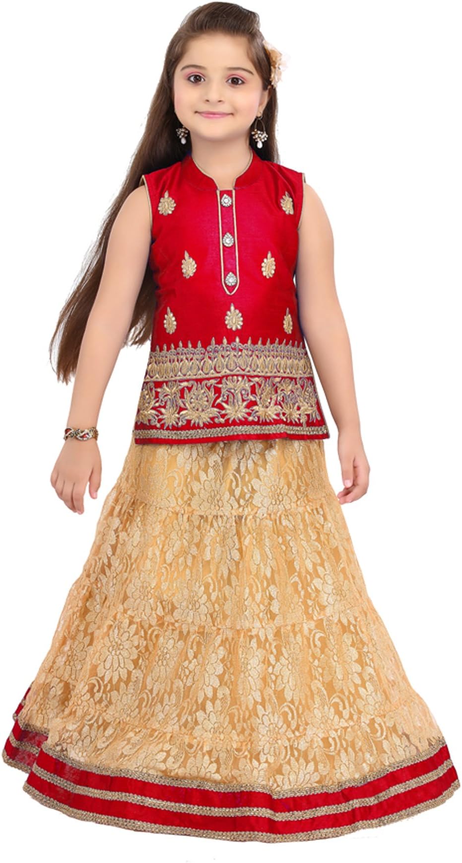 ETHNICAL KIDS Girls' Indian Ethnic Wear Dupion And Netted Fabric Lehenga Choli Red