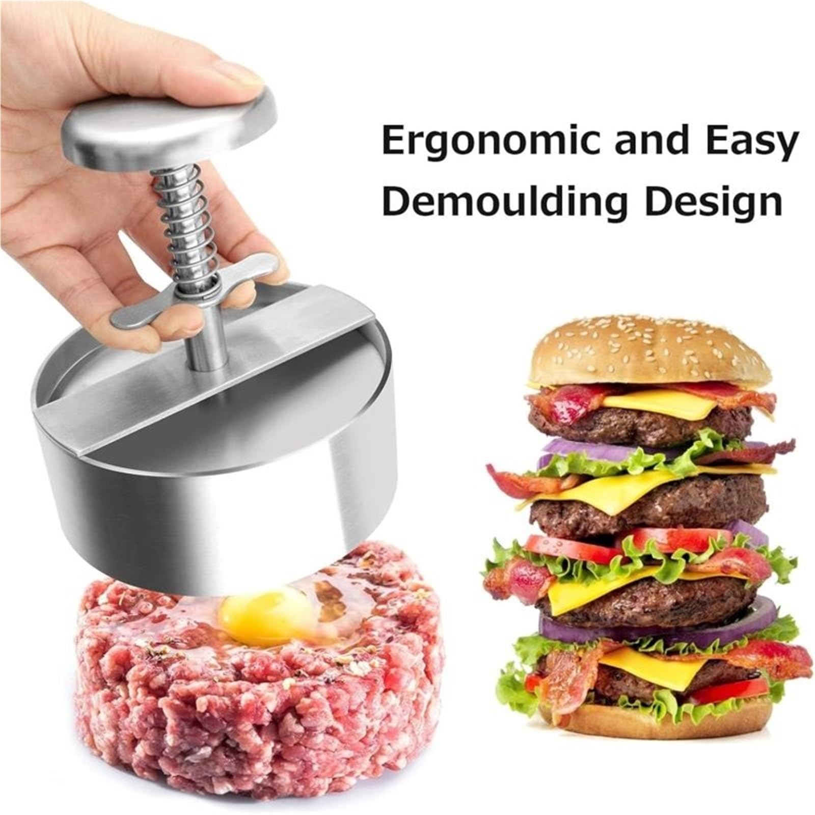 Hamburger Patty Maker Presse, 304 Edelstahl, antihaftbeschichtet, rund, manuelle Burgerpresse für Rindfleisch, Grill und Küche – Einstellbares Dickenwerkzeug