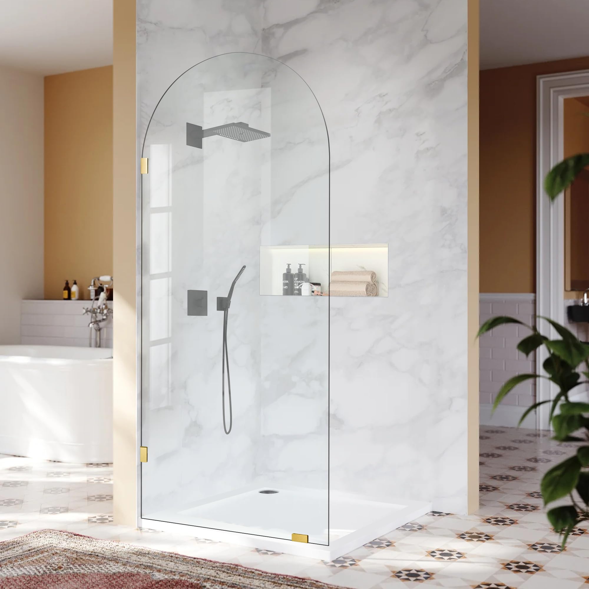 36" W ×78" H Shower Glass Panel, Glass Shower Door Single Panel with Clamps, 3/8"(10mm) Thick Clear Tempered Frameless Shower Door in Brushed Gold