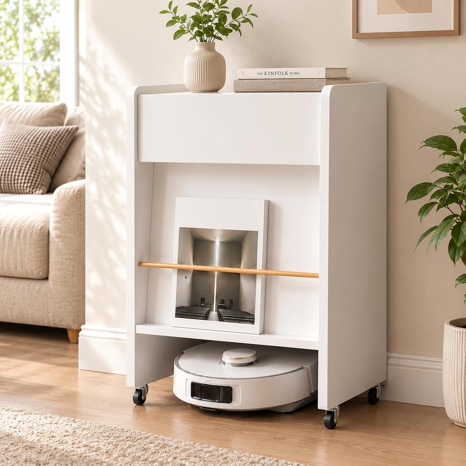 Robot Vacuum Storage Cabinet, White Side Table with Drawer and Casters