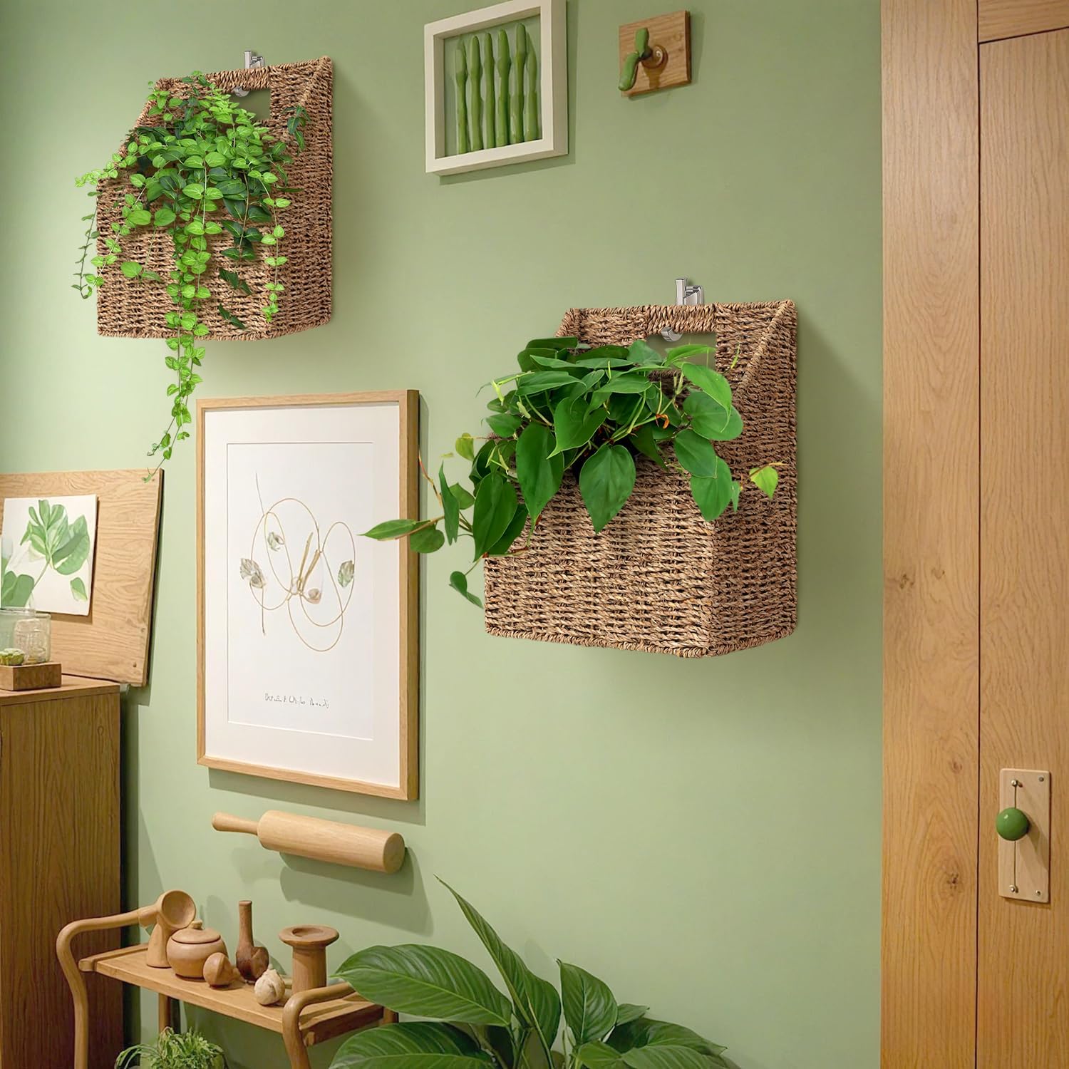 Wicker Hanging Storage Basket (10,5"Lx6,5"Wx13"H), Set of 2 Wall Baskets, Seagrass Baskets, Wall Decor Wicker Basket Hanging for Organizing Files, Mails, Books, Magazine,...