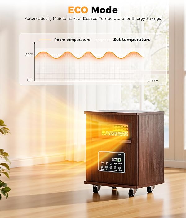 Oylus Infrared Space Heater for Indoor Use - 1500W Portable Box Heater with Wood Cabinet, Remote Control & 12H Timer, Quiet Electric Heater with Safety Protection for Bedroom Living Room Office by OYLUS - Image 6