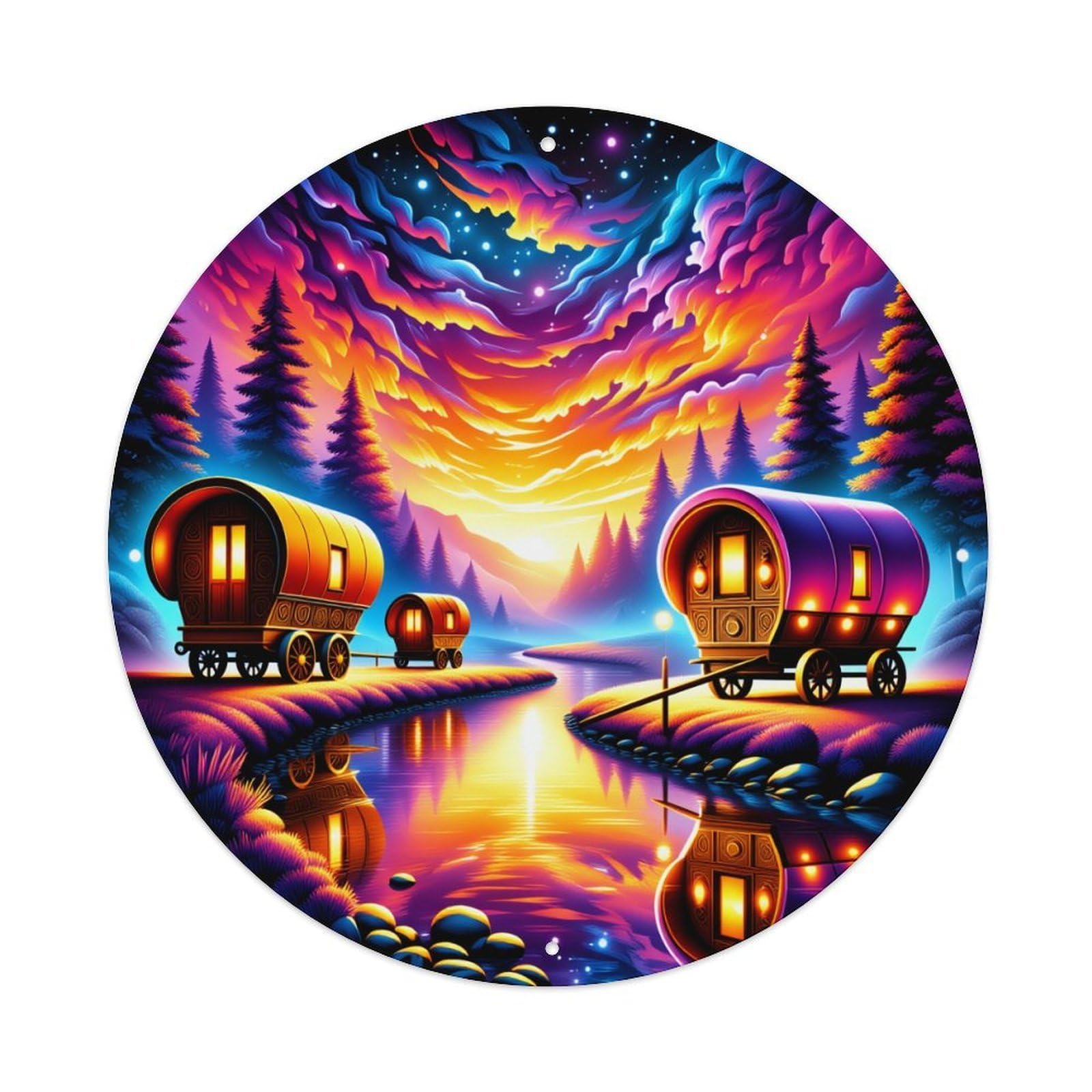 Colorful Sky Wagon River Night Round Tin Sign Vintage Metal Poster Retro Bar, Home, Man Cave, Kitchen, Laundry Room Wall Art Decor Gift 8x8Inch