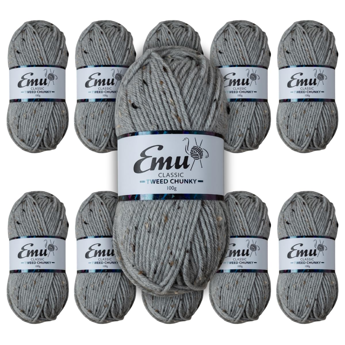 Emu Classic Tweed Chunky Acrylic Blend Yarn 100g Balls 150m, Pack of 10, Grey - 003