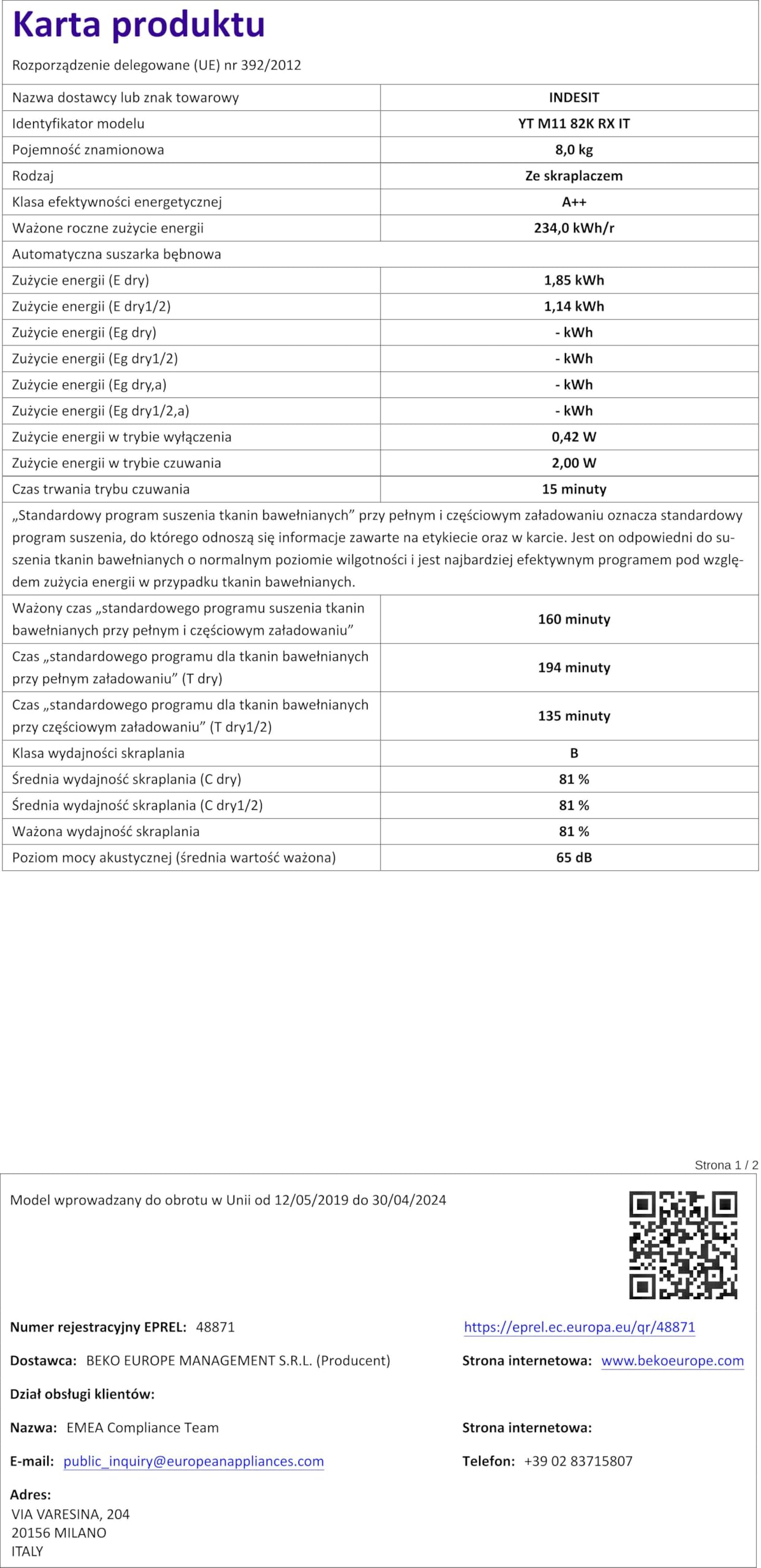 Indesit Asciugatrice Yt M11 82K Rx It Libera Installazione Caricamento Frontale Bianco 8 Kg A++, ‎‎59.5 x 64.9 x 84.9 cm; 44 Kg