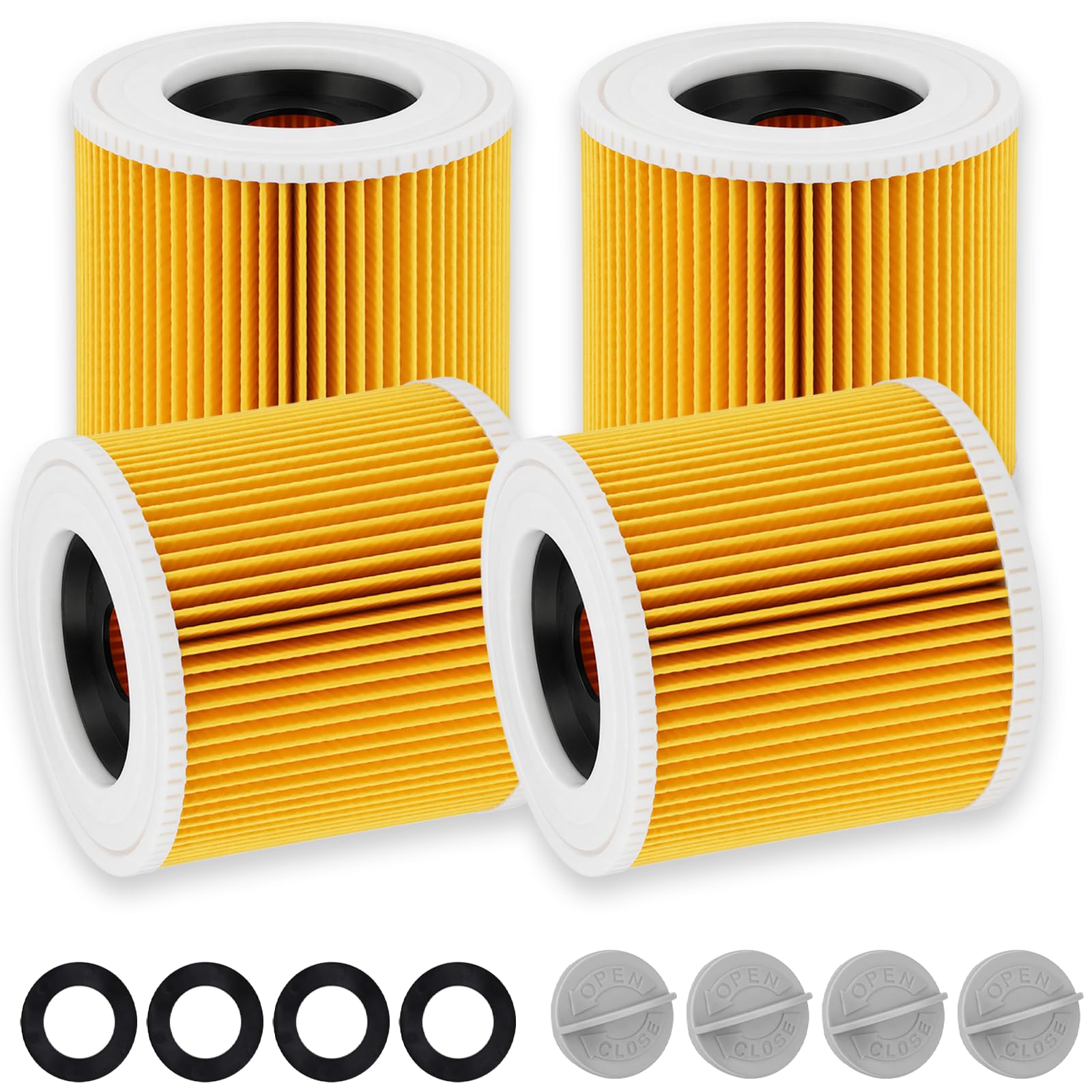 filtrów kasetowych 4 sztuk, filtry do odkurzaczy Kärcher WD3. Kompatybilne z odkurzaczami Kärcher WD3, WD2, WD1, MV3, MV2, A, K, KNT, NT, SE, VC. Zamiennik nr 6.414-552.0. W zestawie 2 śruby mocujące