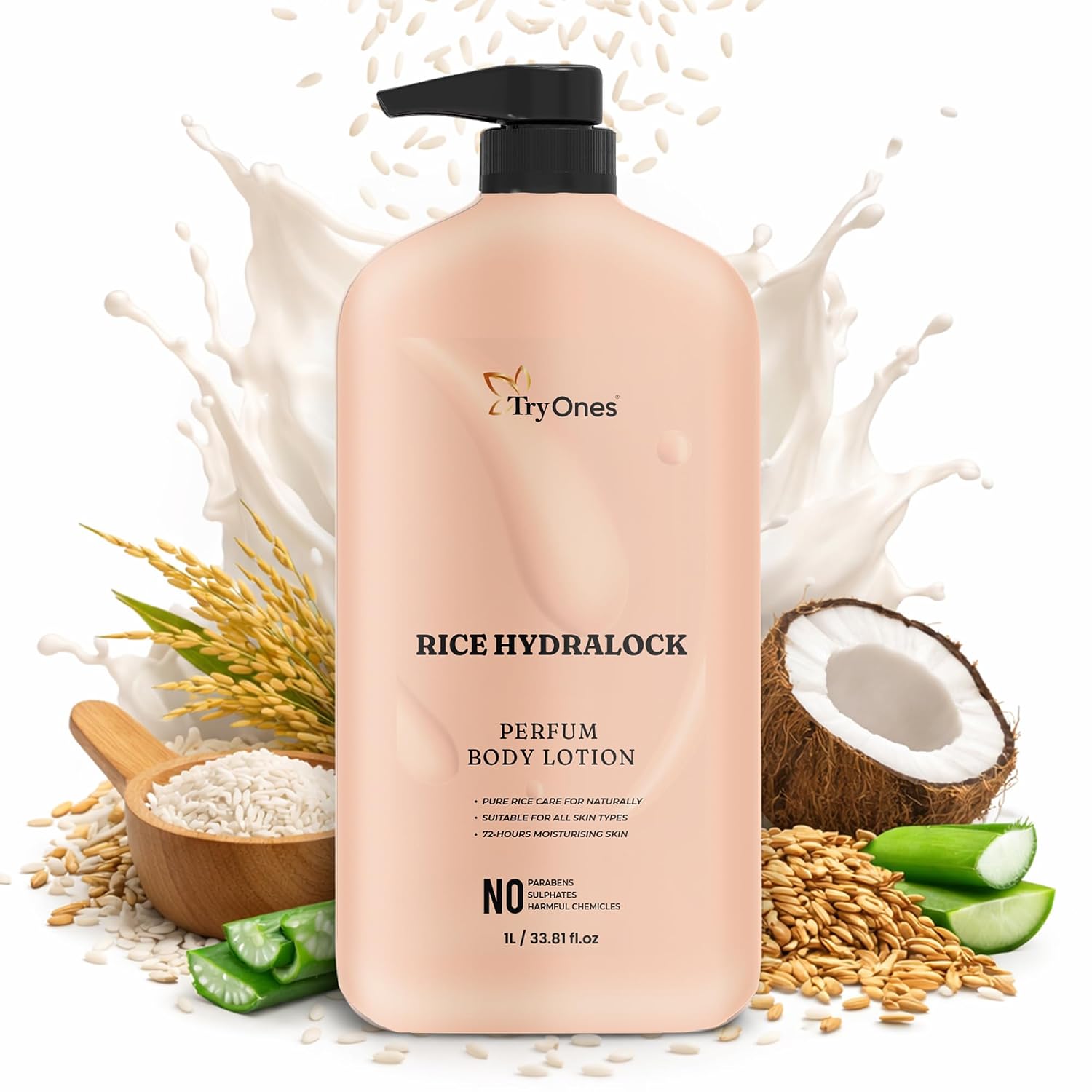 TryOnes Rice Hydralock Perfume Body Lotion – Deep Moisturizing & Hydrating Body Lotion with Rice Extracts – Brightening, S...
