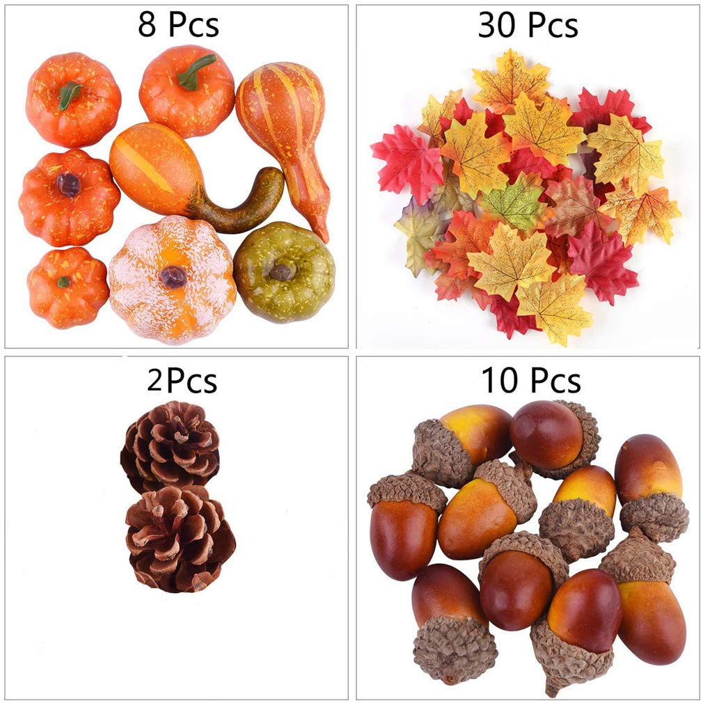 Ulalaza 50pcs Artificial Pumpkins Home Decoration Set,30 Fake Maple Leaves + 10 Fake Acorns + 2 Fake Pinecones + 8 Fake Pumpkins