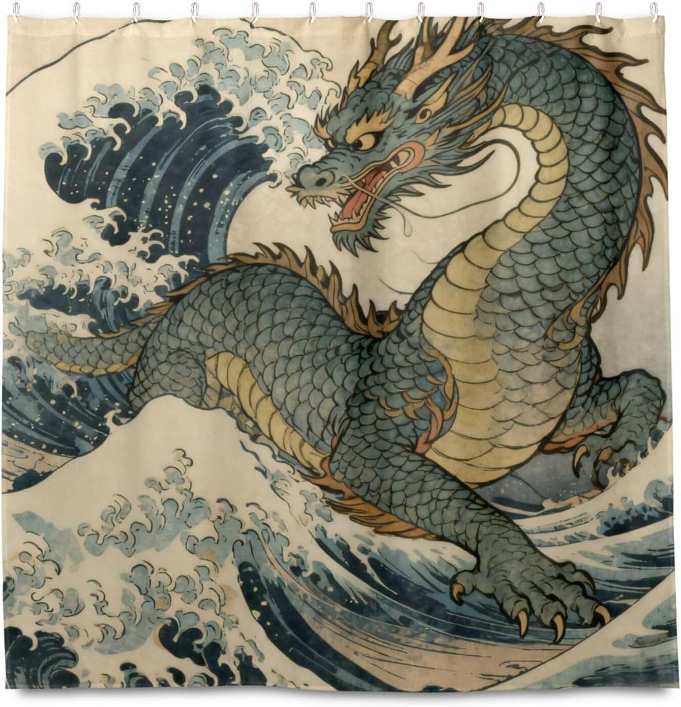 72x72 Inch Water Resistant Curtains for The Bathroom with Curtain Washable Chic Curtain Liner for Room Shower Japanese Ocean Sea Wave Dragon