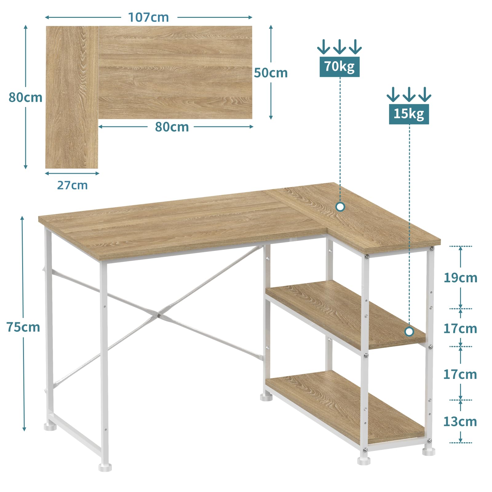 TRIUMPHKEY Scrivania ad Angolo Reversibile 110 x 80cm, Scrivania a Forma di L con Ripiani,Tavolo da Lavoro,Struttura in Acciaio, per Computer, Ufficio, Studio and Soggiorno, Beige
