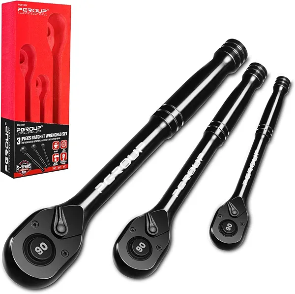 pgroup 3-Piece 90 Tooth Ratchet Wrench Set, 1/4”, 3/8”, 1/2” Drive Reversible Ratchets, 4-Degree Swing, Ergonomic Handle, Chrome Alloy Made, Quick Release Ratchet Wrenches for Repairing, Home, DIY
