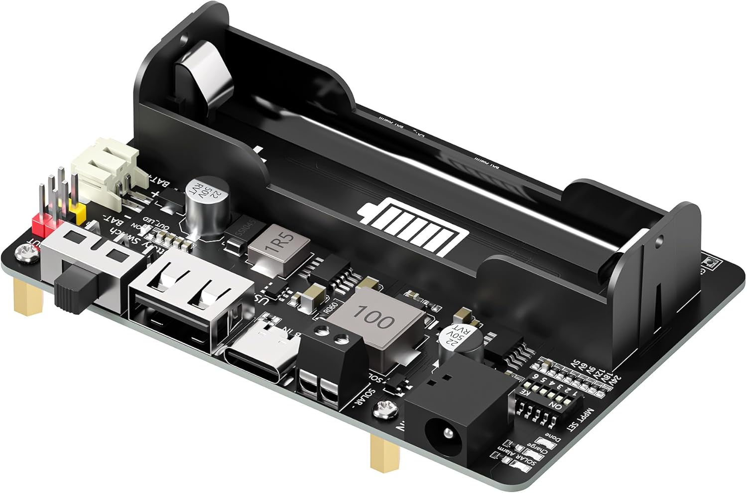 Photo voltaic Power Supervisor MPPT Module, 5-24V Photo voltaic Panel / USB-C Charging for 3.7V 18650 Li-ion Battery, 5V USB Output + 5V/3.3V Header Output, Multi-Safety, Appropriate with Raspberry Pi 3/4/5 Mounting