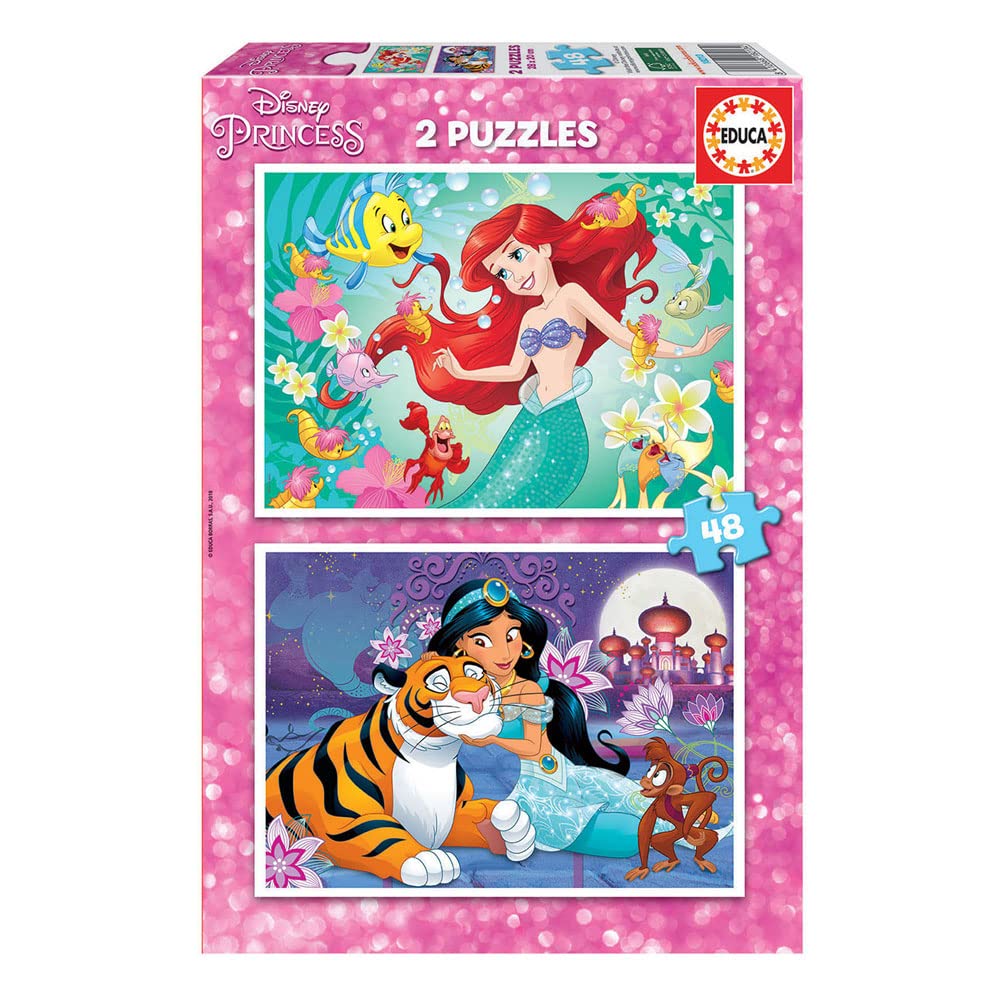 Educa - Puzzle di cartone con 48 pezzi per bambini | Ariel and Jasmin. Set di 2 puzzle da 48 pezzi ciascuno, doppio divertimento. Dimensioni del puzzle: 28 x 20 cm. A partire dai 3 anni (18213)
