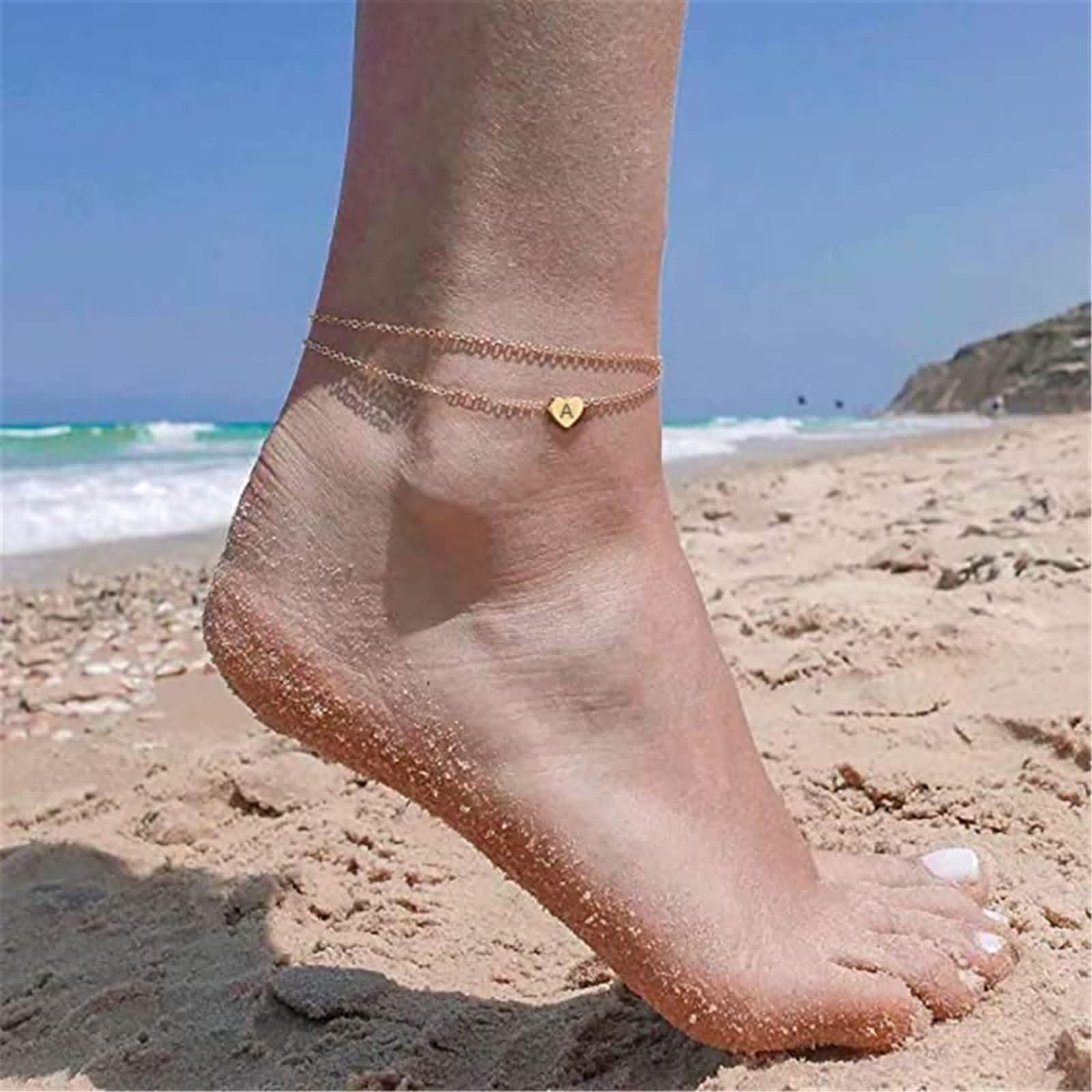Tobillera de oro 18 K 750 Y2K, oro amarillo Au750, cadena doble con letras de corazón, tobillera para mujer, resistente al agua, verano, descalzo, playa, joyas para mujer