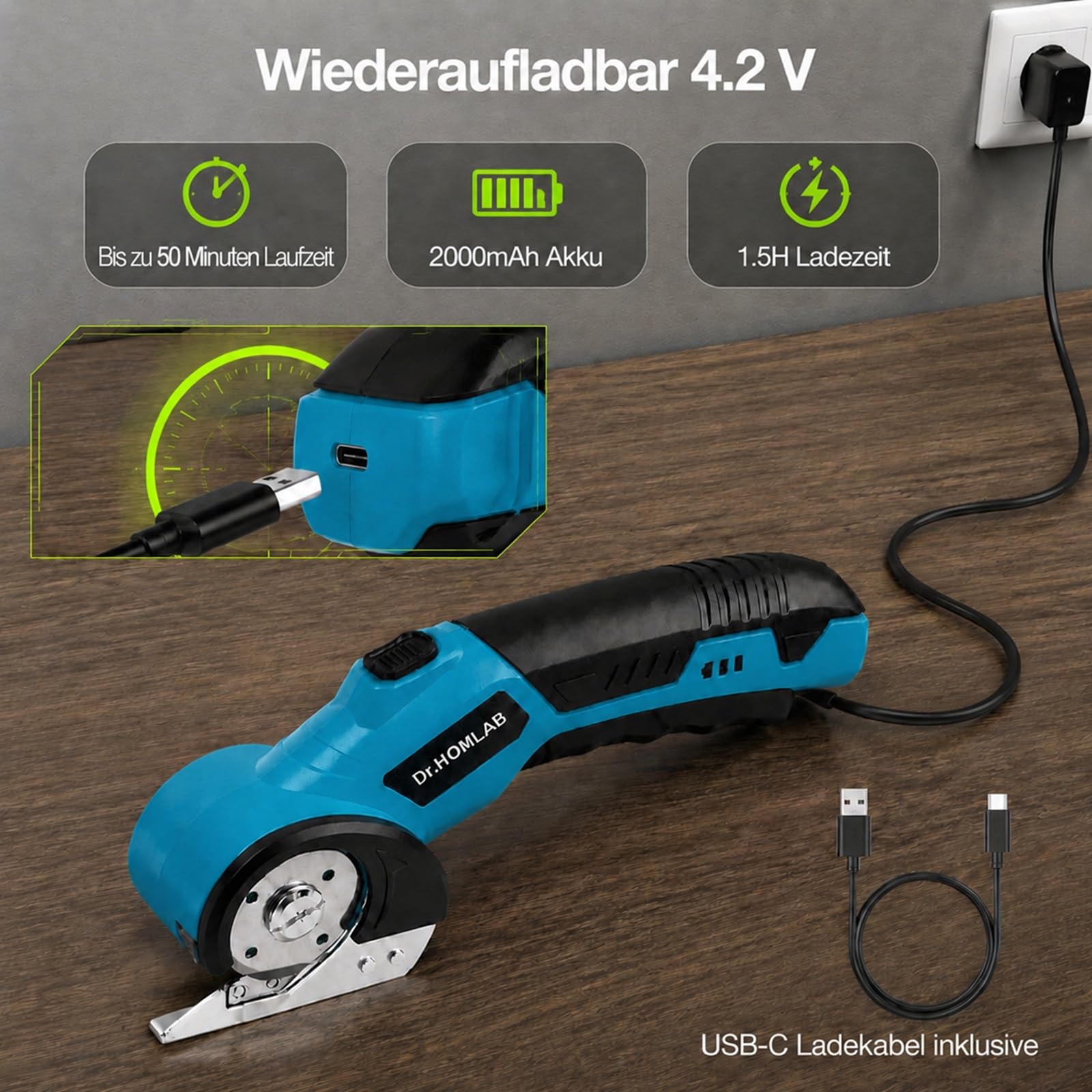 Kartonschneider, Elektrische Schere, Teppichschneider, Kabelloser Rollschneider mit 4,2V Wiederaufladbarem, 3 Selbstschärfenden Klingen, LED-Licht für Stoff, Papier, Karton, Teppich, Leder - Blau