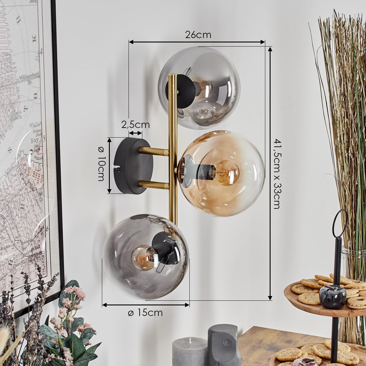 HOFSTEIN Wandleuchte Gastor, Wandlampe aus Metall/Glas in Schwarz/Gold/Rauch/Bernstein/Klar, Leuchte im Retro/Vintage-Design (Schirme Ø 15 cm), E14, Wohnzimmer, Schlafzimmer, Küche, Flur, Treppenhaus