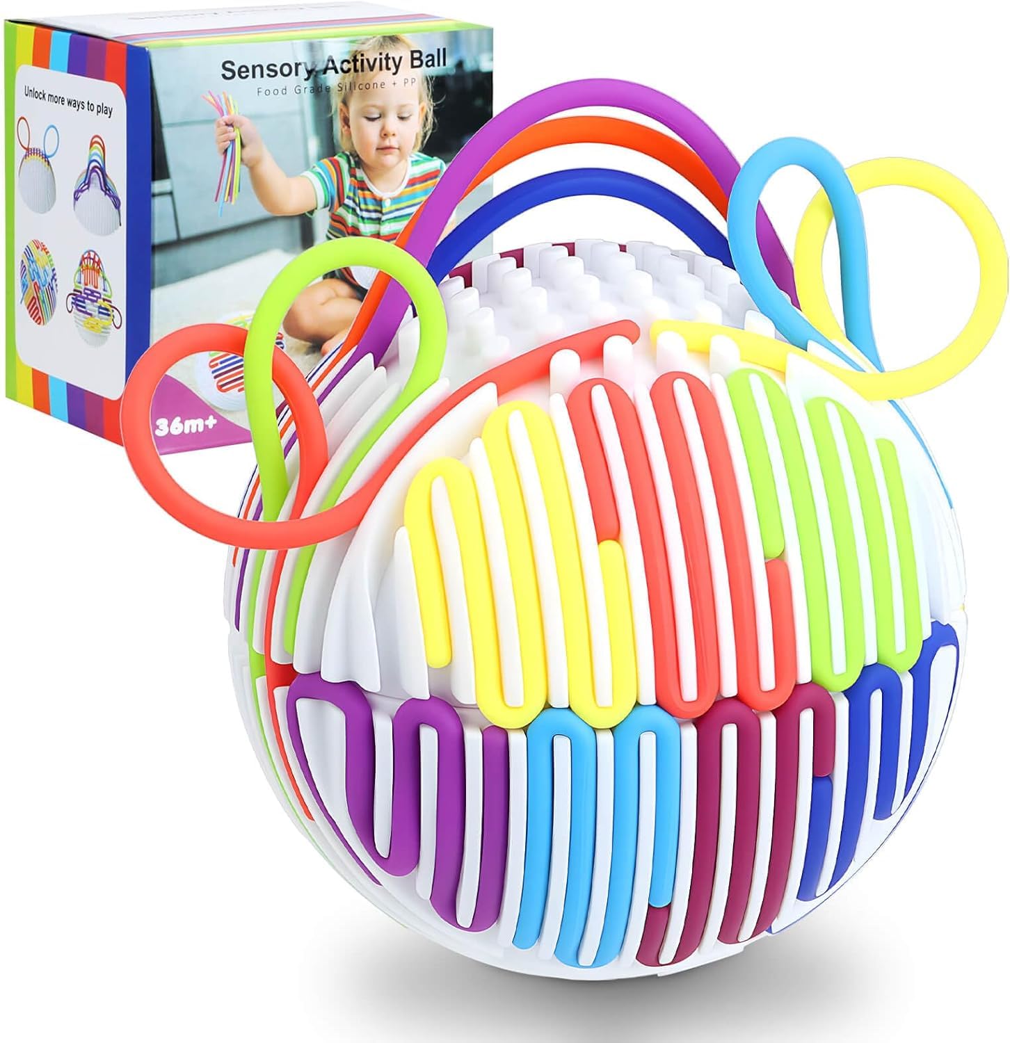 Luckynono Tabla de Actividad sensorial 3D, Juguete sensorial de Silicona con 10 Hilos de Silicona, Habilidades motoras Finas y coordinación Mano-Ojo para niños y Adultos (Blanco esférico)