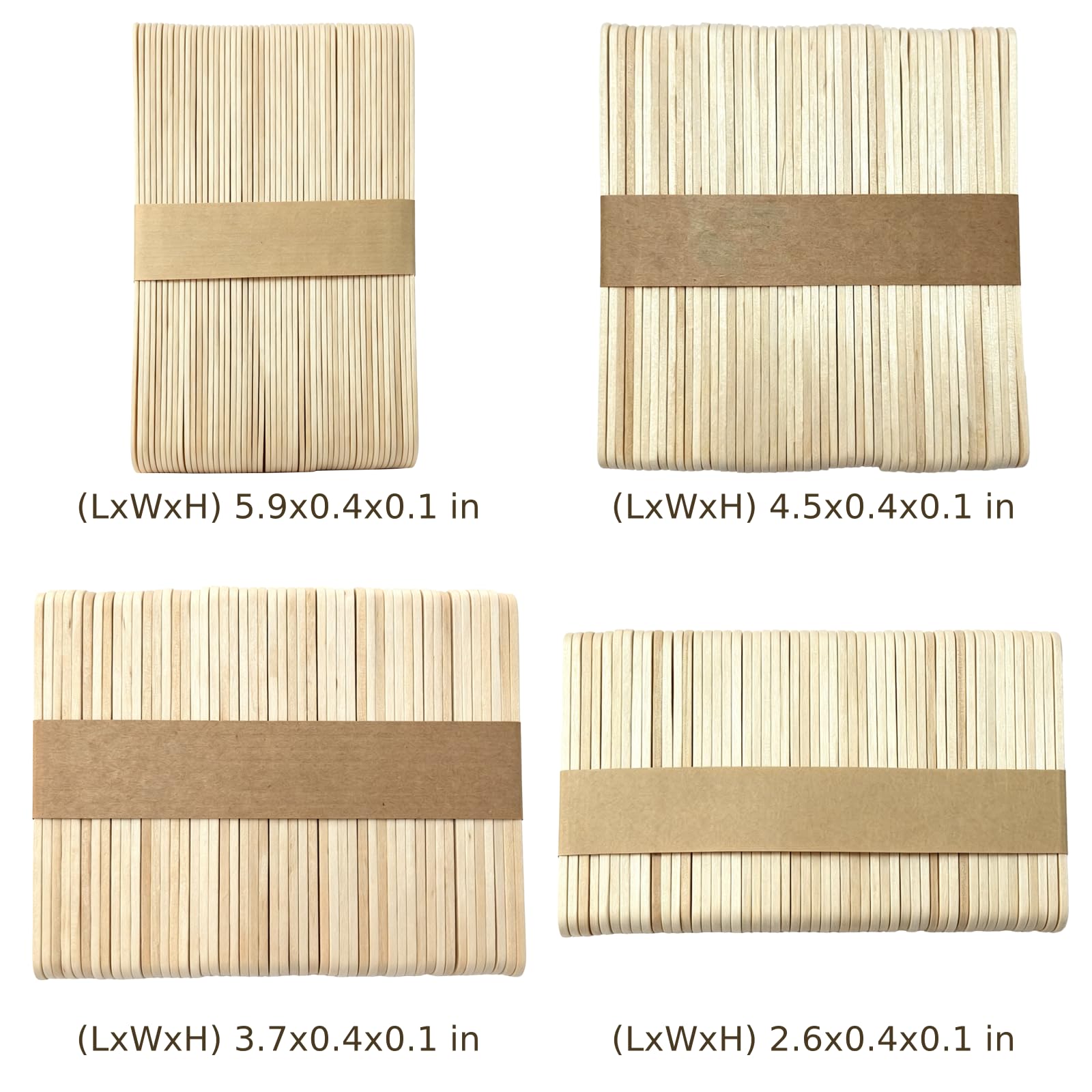 Lot de 1500 bâtons en bois brut - 4 tailles : 6,5 / 9,1 / 11,2 / 15 cm - Bord lisse pour la création de glace pop, bricolage, modélisme, projets d'art domestique et fournitures de salle de classe