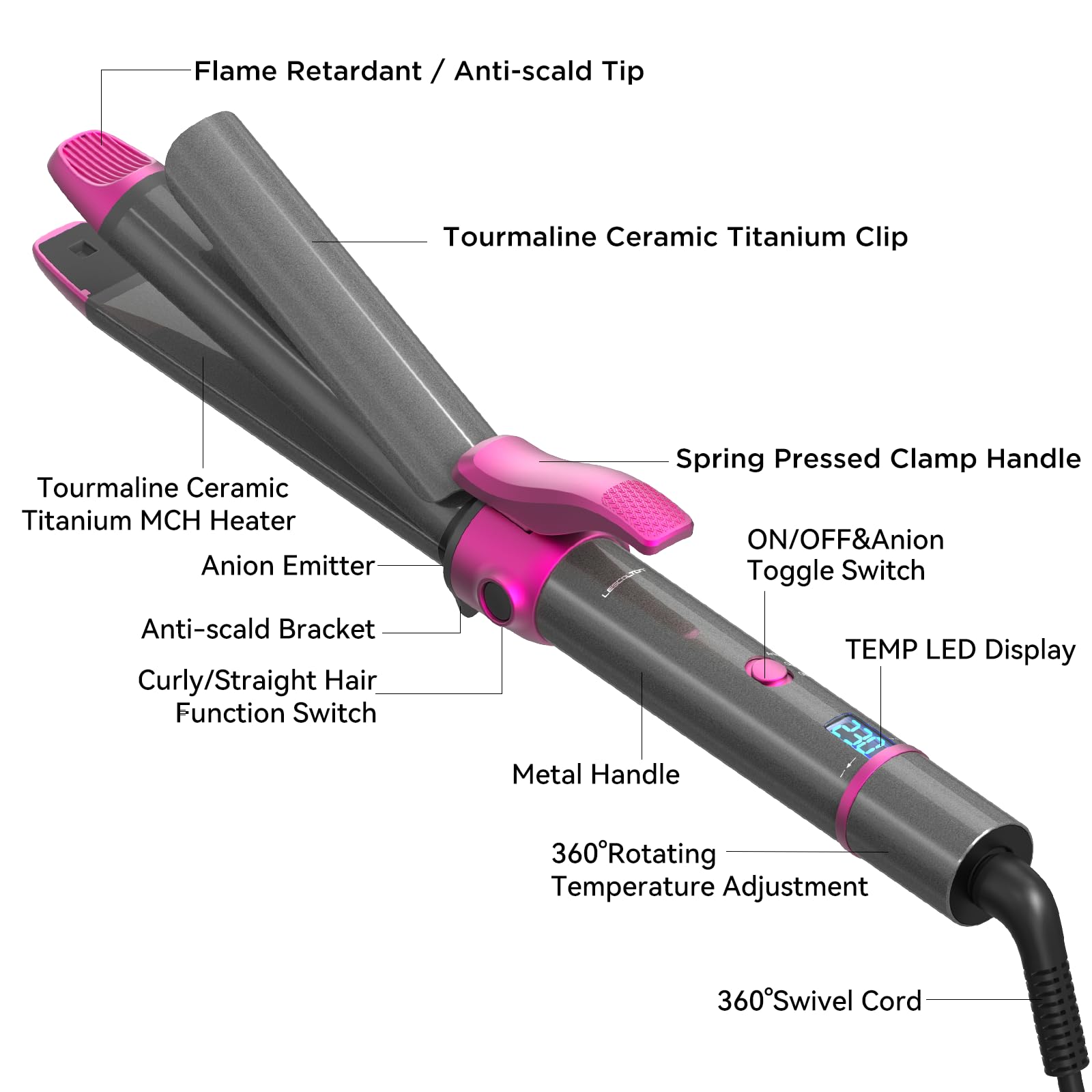 Piastra per Capelli e Arricciacapelli 2 in 1, rivestimento nano-titanio, curler Iron con display LCD, 27 temperatura regolabile, 00-230 ℃ ricci e levigatura Spazzola Phon (Magenta)
