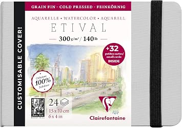 Clairefontaine - Ref 975444C - Etival Cold Pressed Sewn Watercolour Painting & Drawing Book 24 Sheets of Paper - 10 x 15cm - 300gsm Cellulose Art Paper
