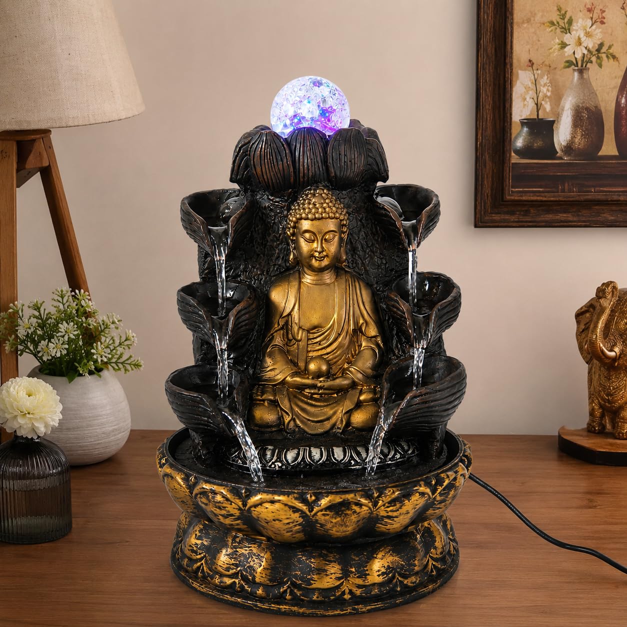 Meditating Buddha Water Fountain with Color Changing LED Crystal Ball & Water Pump – 10 Inch Cascading Tabletop Fountain for Home Decor, Office, Pooja Room & Gifting-image-34
