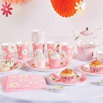 EASY JOY 80 PCS Daisy Party Decorations Pink Flower Paper Plates Daisy Floral Party Tablewares Pastel Paper Plates Cups and Napkins for Girl Birthday Baby Shower Afternoon Tea Garden Decor