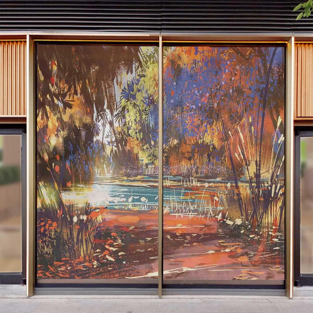Window Film Sun Blocking Painting Nature Pond Privacy Window Film Frosted Glass Film