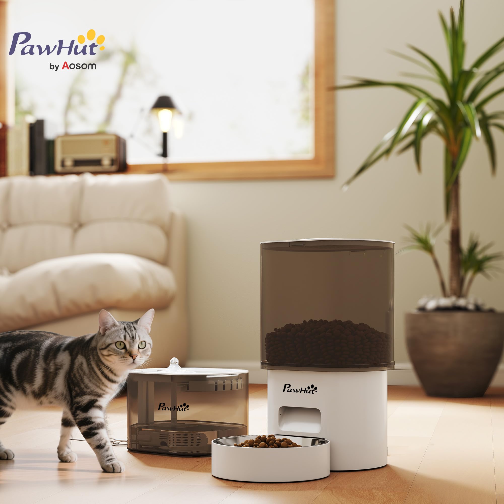 PawHut Comedero Gato Automático Dispensador Comida Gatos Perros de 3L con Control de App 1-10 Comidas al Día Filtros y Luz LED Juego de Comedero y Bebedero Automático Silencioso con Cable USB o Pilas