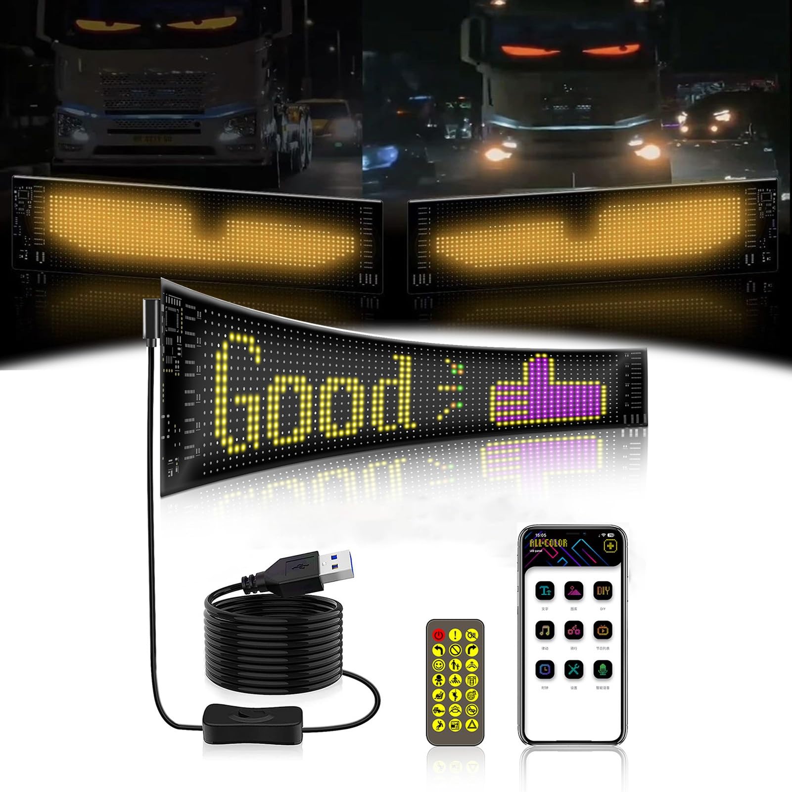 LED Eyes for Truck and Car, Devil Eyes, Large Programmable Flexible LED Display, Car, DIY, Dynamic LED Smart Colourful Eyes, Soft Screen (92 x 374 mm