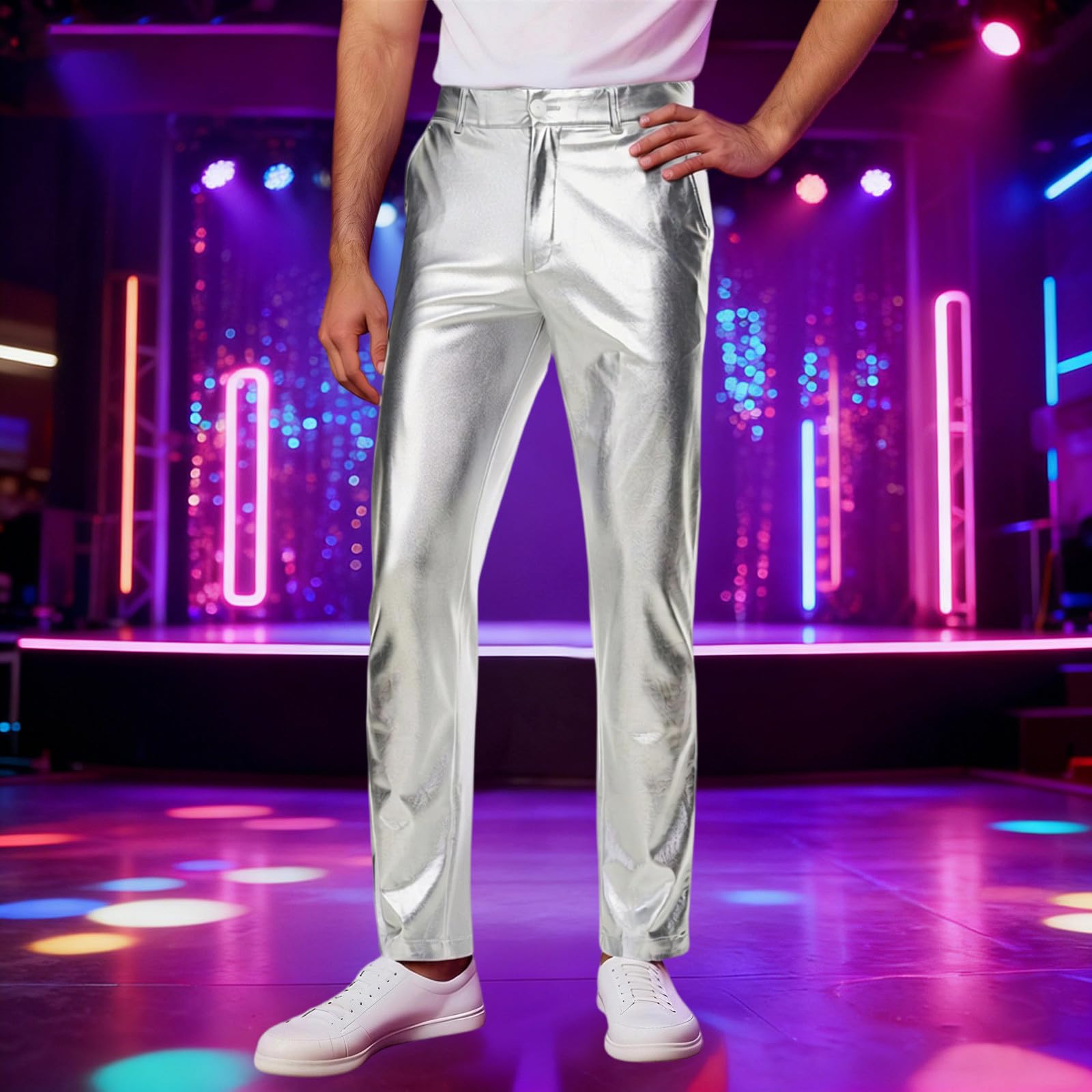 2026 Karneval Metallic Disco Hose Glänzend Gerades Bein Freizeithose für Party Tanzclub Ausgehen Bequeme Passform