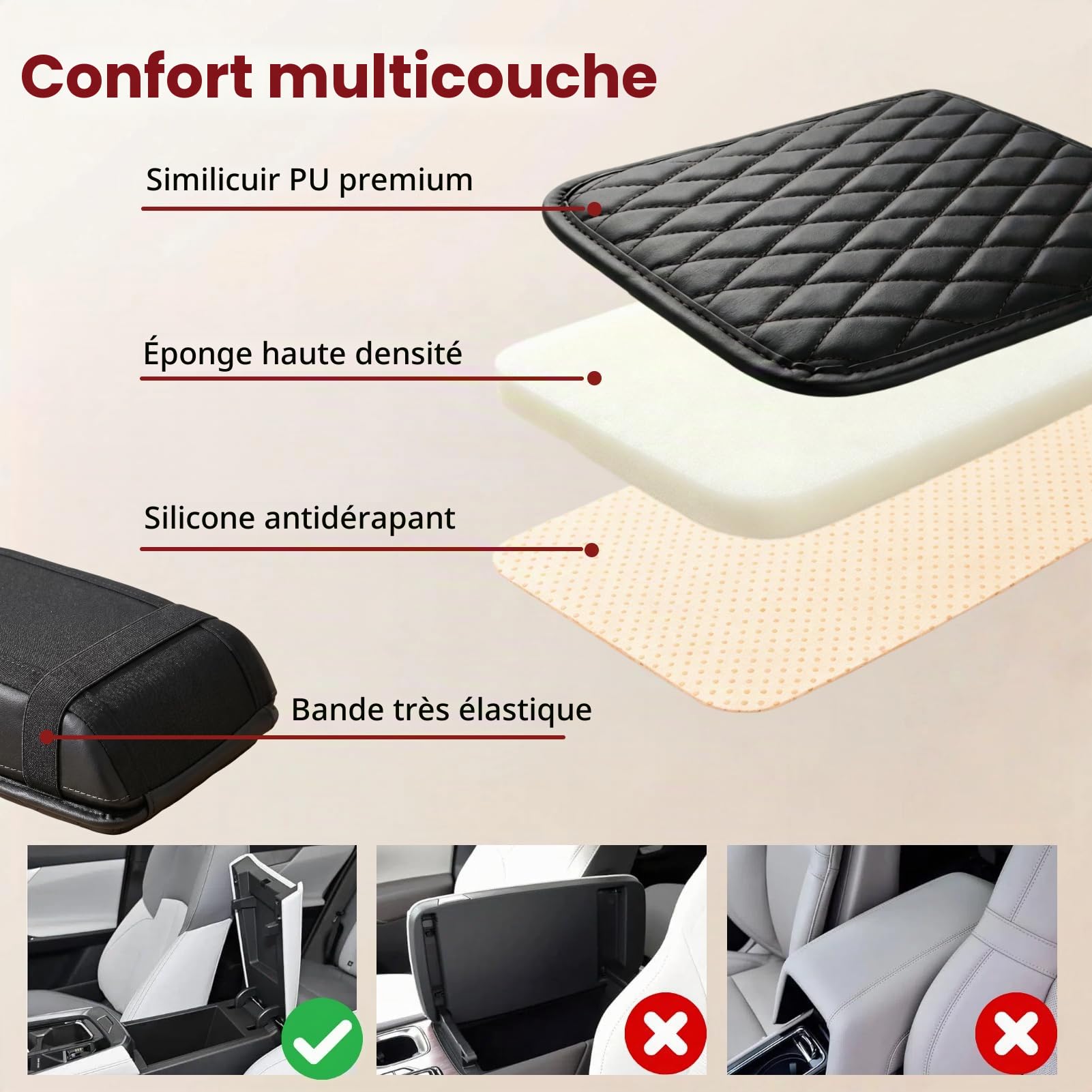 Coussin Accoudoir Voiture Amélioré avec Housse de Console Centrale Voiture en Cuir Noir,Accessoire Universel avec Poches de Rangement, Confort et Praticité pour Voitures Hauteur Augmentée de 1,5cm