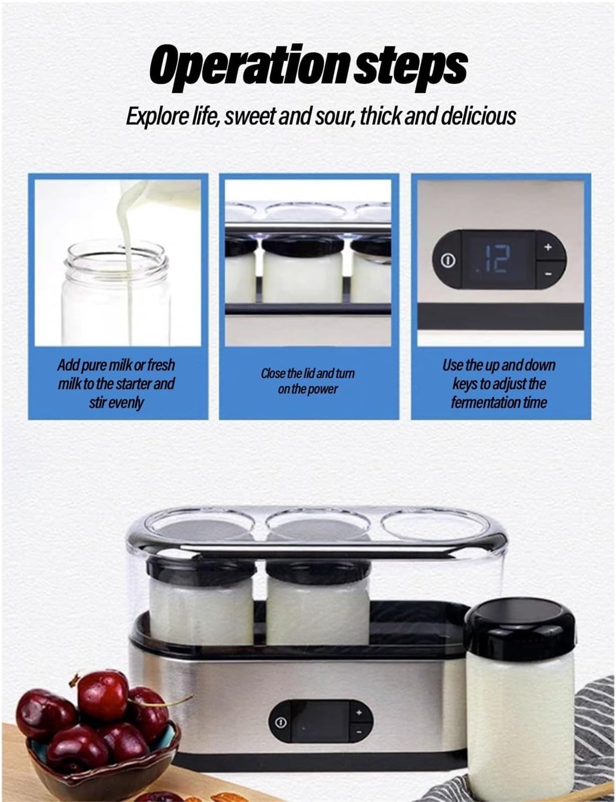 Yogurteras Eléctricas, 3*150ML Máquina de Yogur Totalmente Automática con Pantalla LCD, Yogurtera con Control de Temperatura y Temporizador de 42 ℃, Máquina de Yogur de Fermentación for Yogur Casero