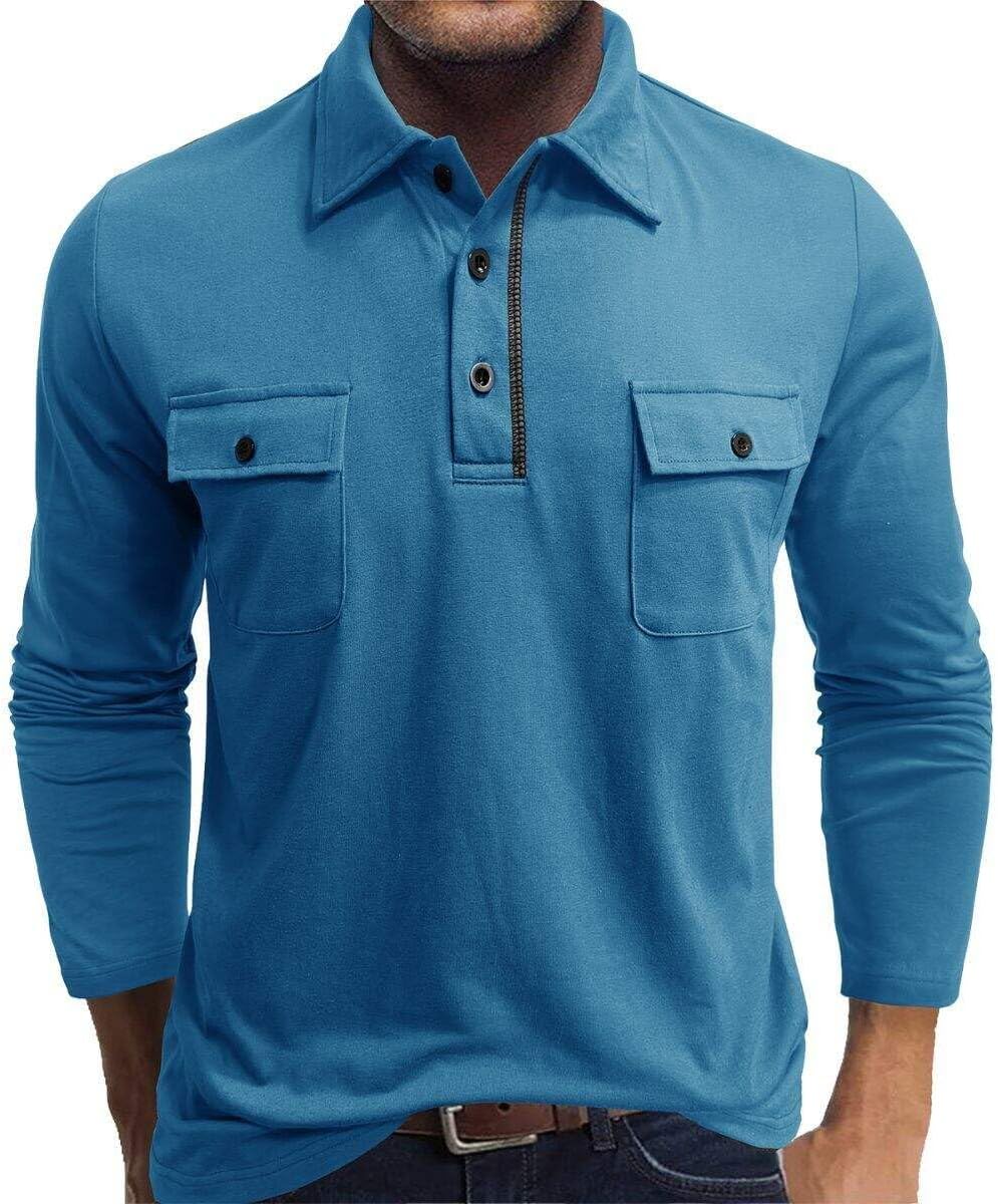 YABTF Long Sleeve Polo Shirts for Men Cotton Basic Solid Color Golf Shirt Button Collared Work Shirts with Pockets