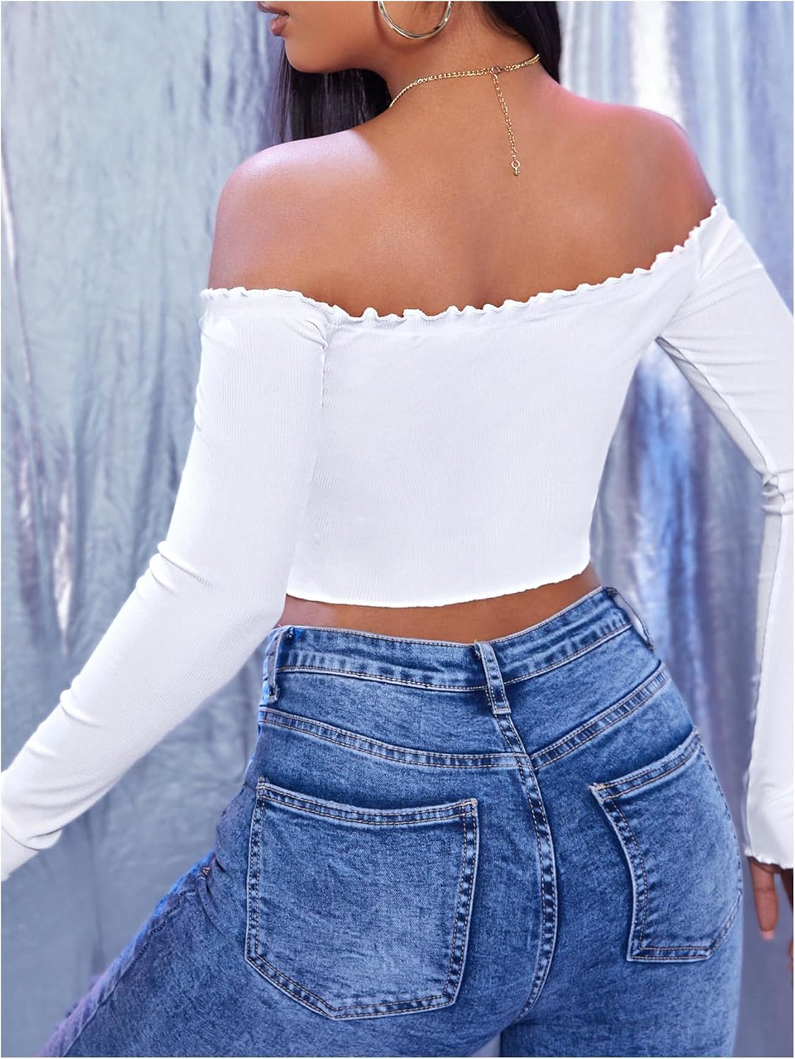 WDIRARA Women's Off Shoulder Tie Front Knot Lettuce Trim Long Sleeve Sexy Crop Top - Image 2