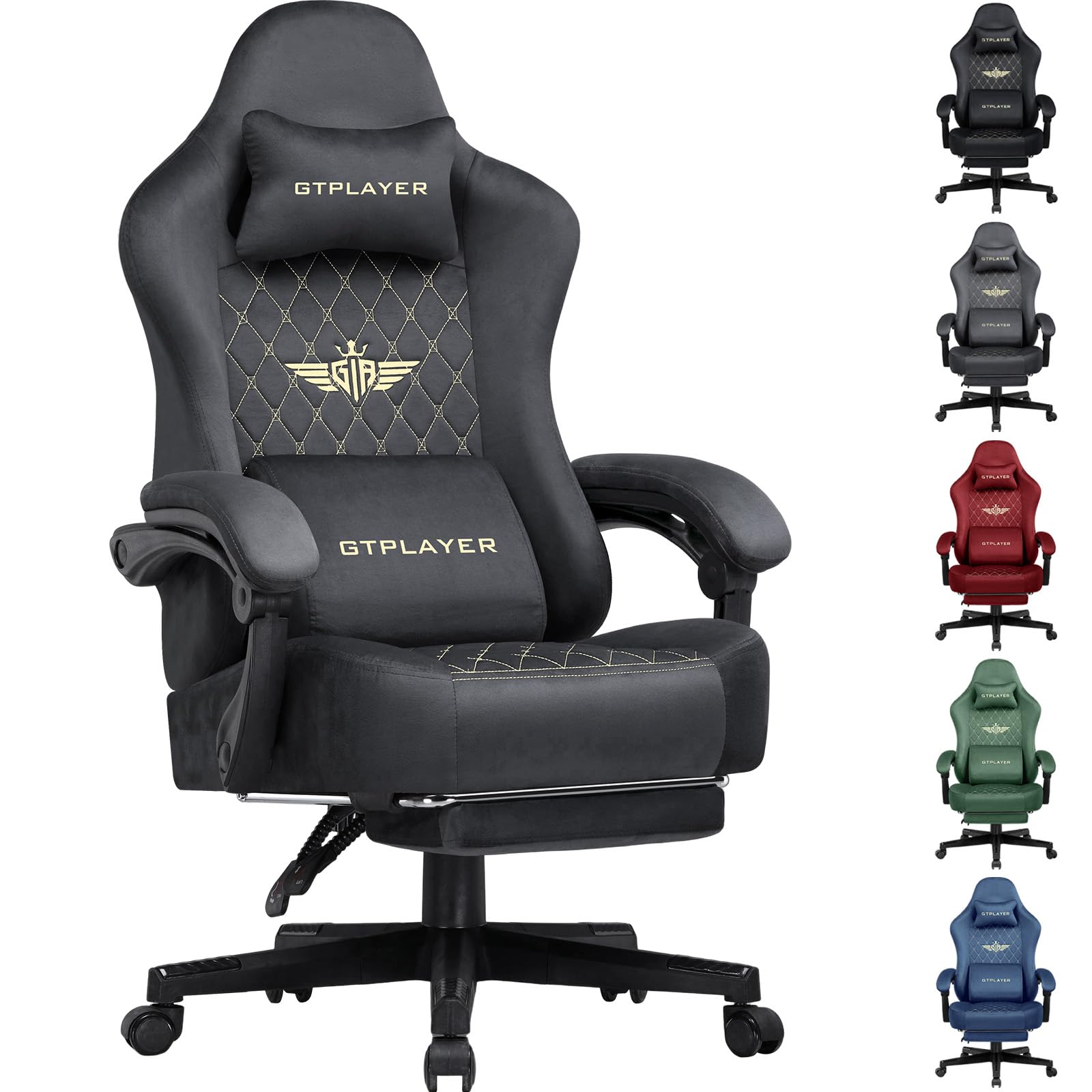 GTPLAYER Fabric Gaming Chair, Ergonomic Computer Chair with Footrest and Lumbar Support Height Adjustable Home Office Chair with 360ยฐ-Swivel Seat and Headrest (Grey)