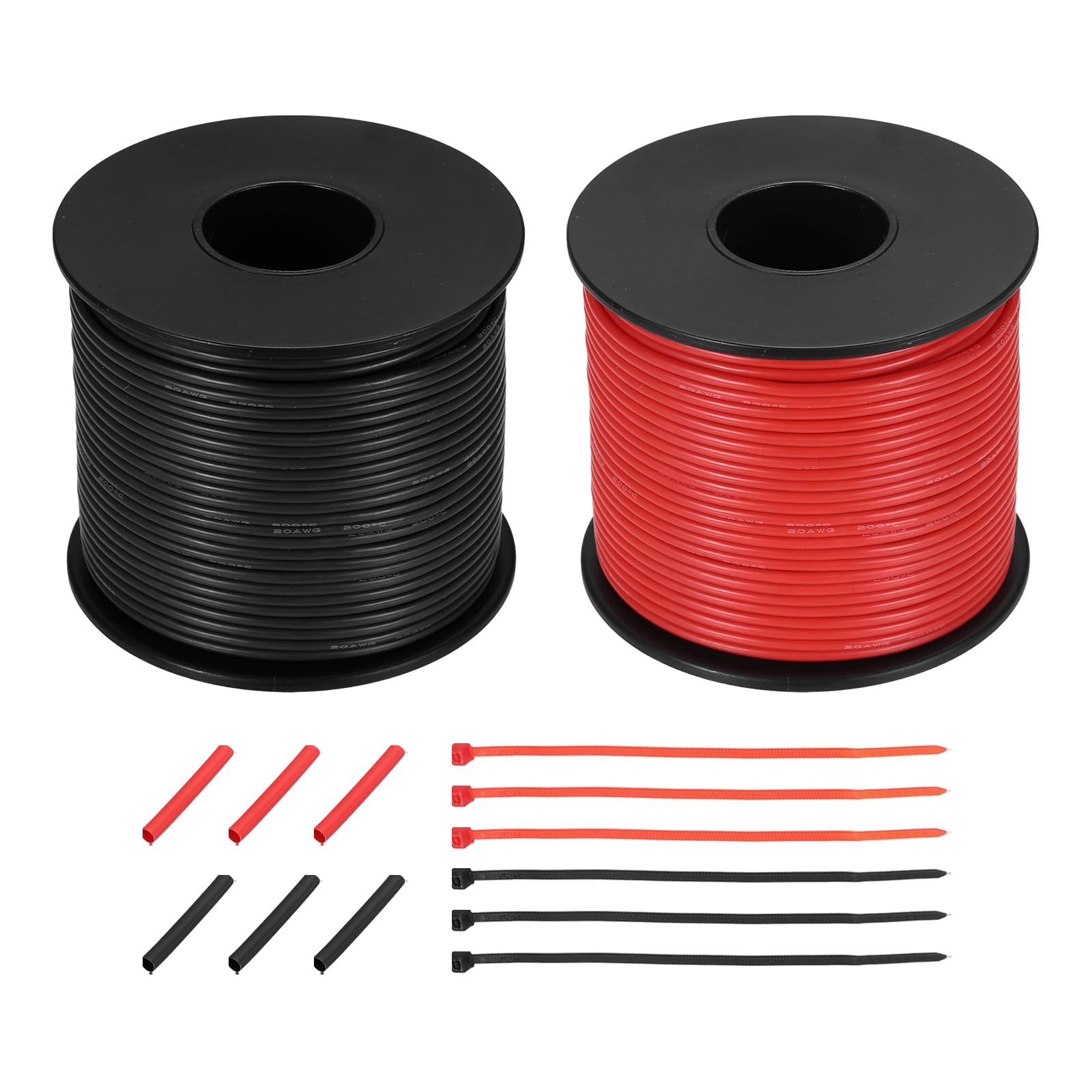 sourcing map 2pcs 20 AWG Silicone Electrical Wire Spool, 20 Gauge 45.7m/150ft Tinned Copper Electrical Wires with Heat Shrink Tubing & Cable Ties for Automotive, RV Inverter - Red & Black