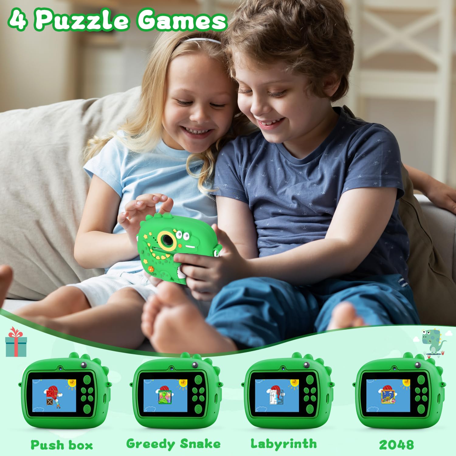 Macchina Fotografica Bambini Dinosauro Istantanea, 2,4 Pollici Digitale Fotocamera Bambini con 32GB Scheda, 48MP/1080P Fotocamera Digitale Bambini Dinosauro, Regali per Ragazzi Ragazze da 3-12 Anni