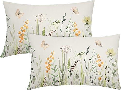 Juego de 2 fundas de almohada lumbar florales de primavera y verano de 12 x 20 pulgadas, diseño de flores silvestres amarillas, hojas verdes,