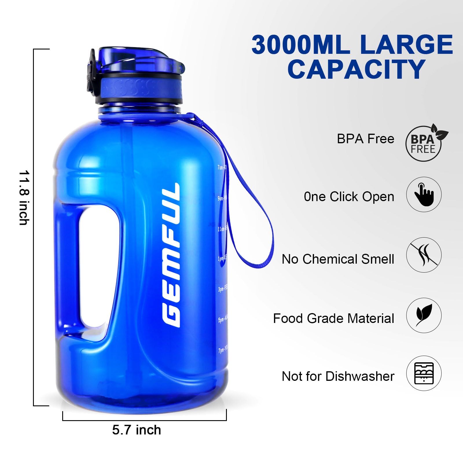 GEMFUL Grande Borraccia con Cannuccia 3 Litri con Indicazione del Dempo senza BPA per Sportiva Fitness (Royal Blue)