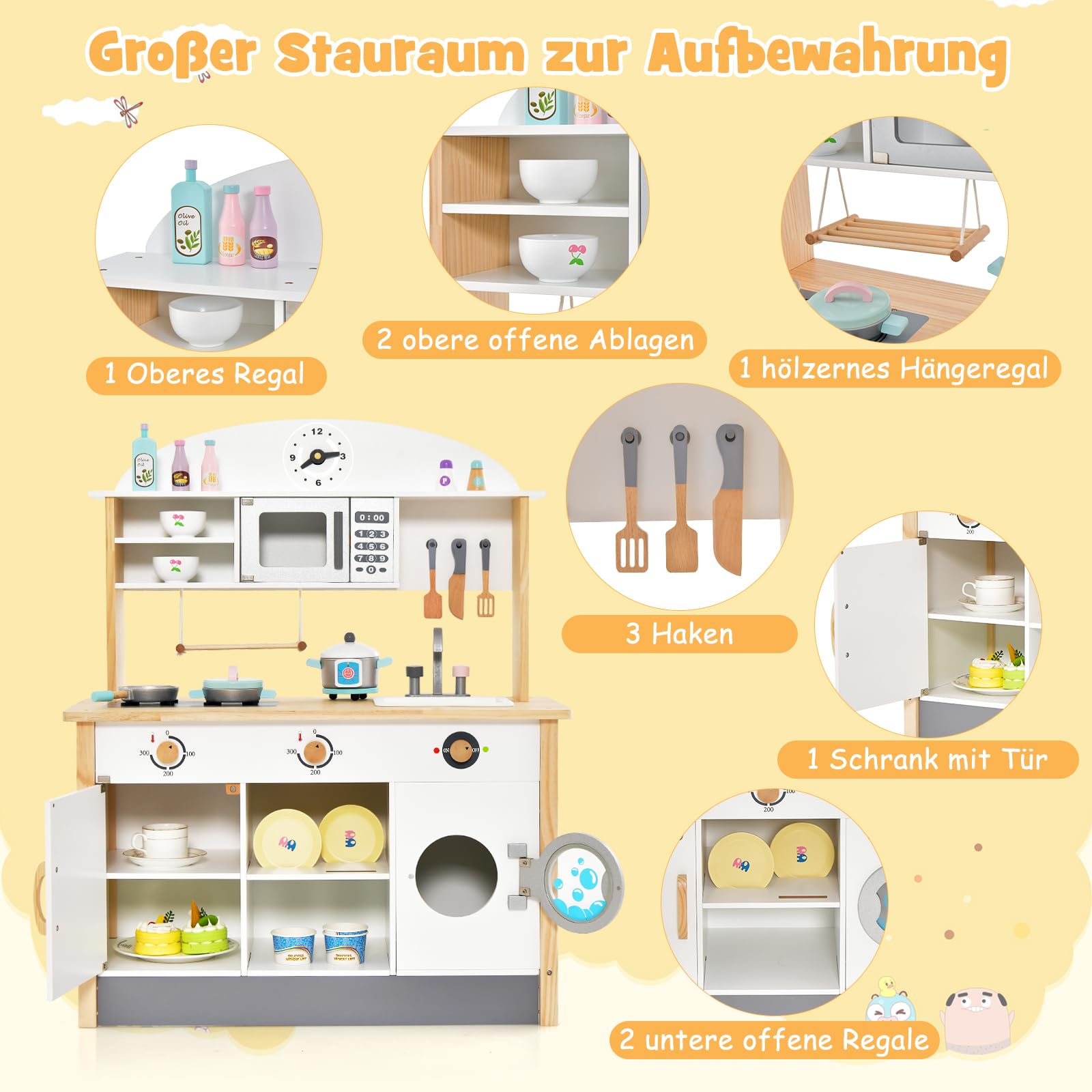 DREAMADE Kinderküche mit 17 TLG. Zubehör, Miniküche Kinderspielküche mit Spülbecken Wasserhahn Herd Mikrowelle, Spielküche Holz für Jungen und Mädchen ab 3 Jahren