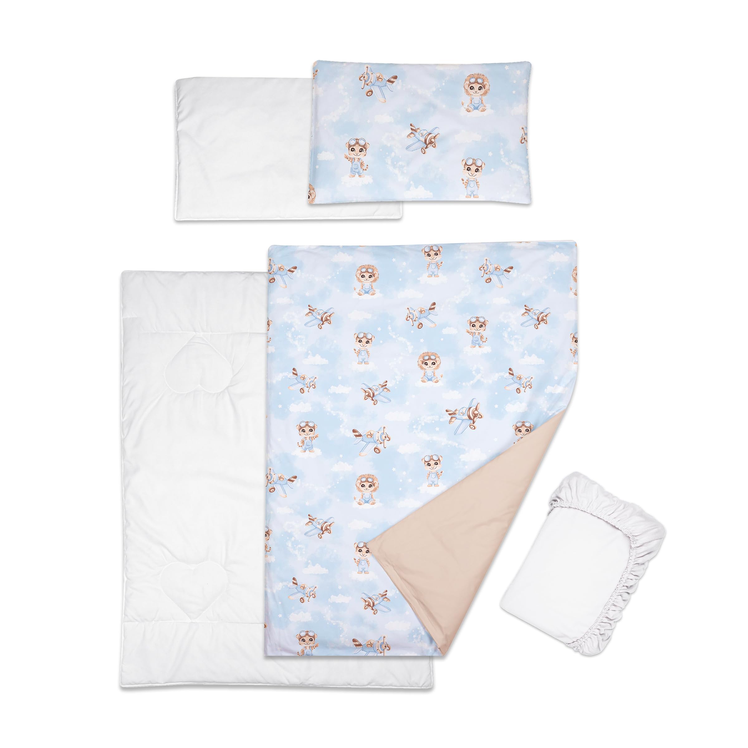 Baby Comfort 5 Piece Toddler Bedding Duvet Pillow with Covers & Jersey Sheet fits 95x65cm Travel Cot 12M+ (Tigers pilots) — image 1