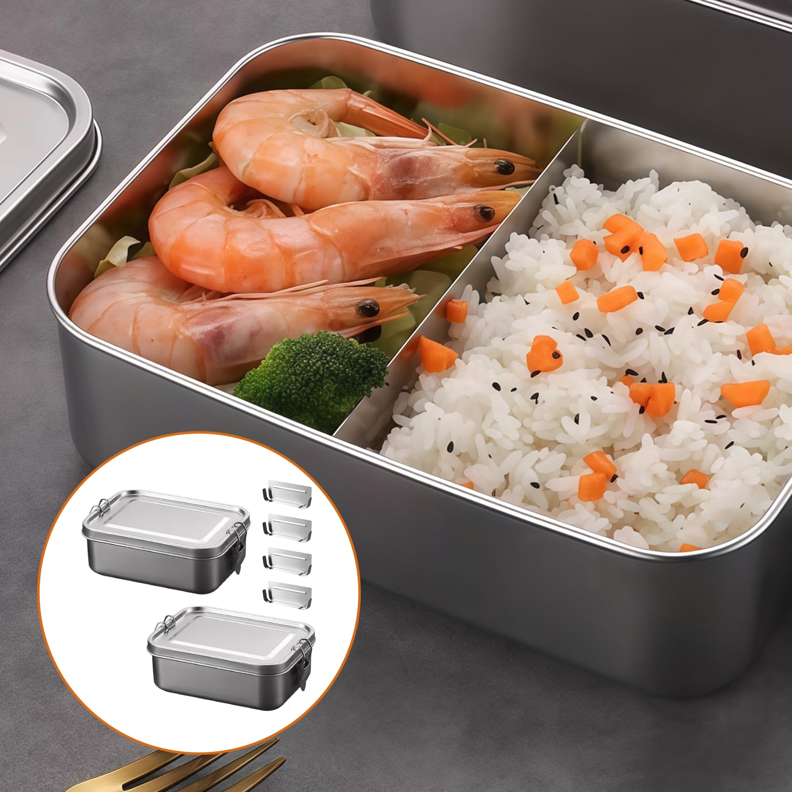 Contenitore per il pane con scomparti: 2 pezzi, Contenitore per il pranzo in acciaio inox 304, Contenitore per il pranzo a prova di perdite, Contenitore per il pane con anello di tenuta