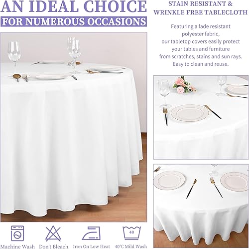 Miniatura 6 de Paquete de 8 manteles redondos blancos de 90 pulgadas, manteles redondos de poliéster lavables para mesa de tela decorativa resistente a las