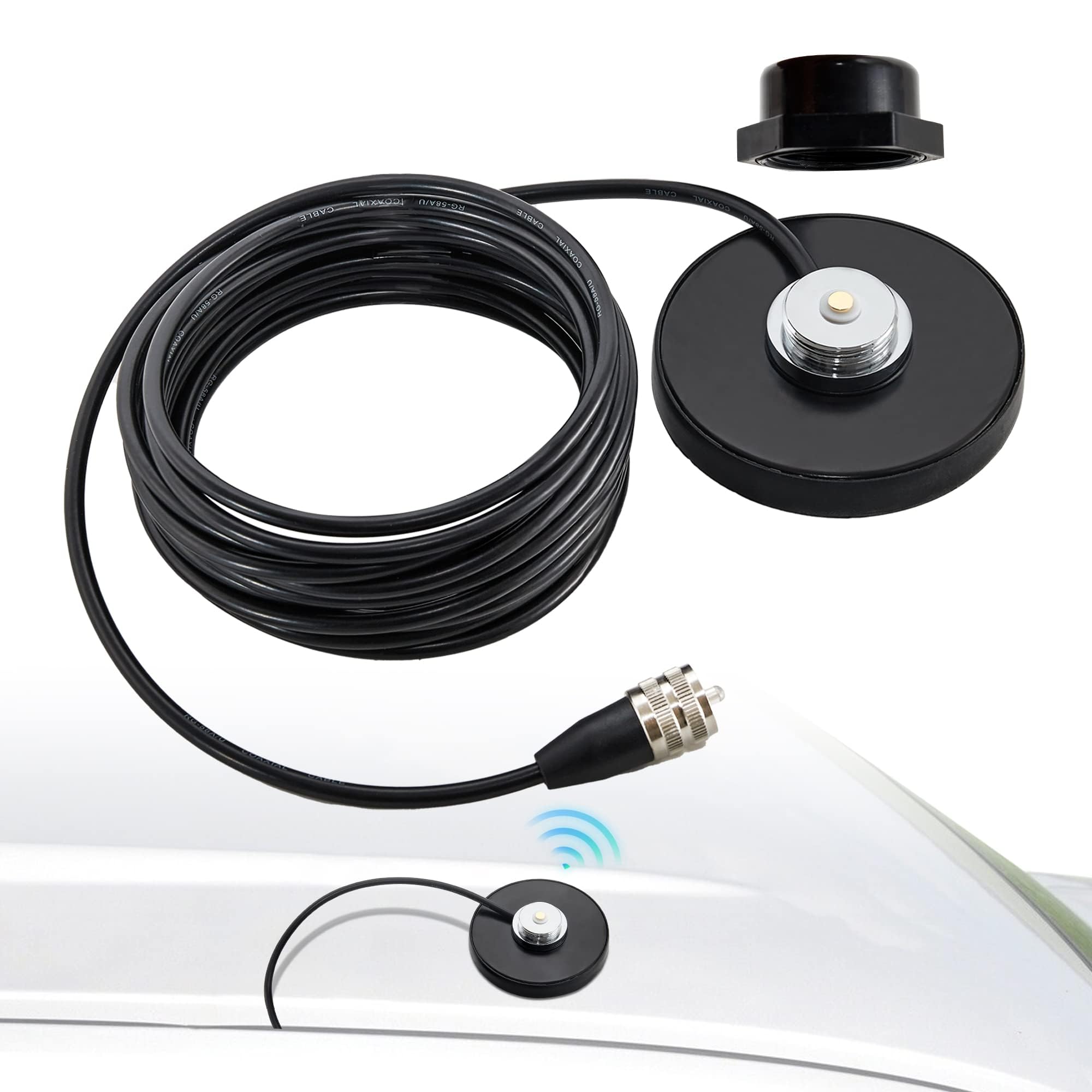 Anina NMO Antena magnética de montaje en base de 16.4 pies RG58 cable coaxial PL-259 enchufe con tapa de montaje de antena NMO para radio CB Ham camión, radio marina VHF