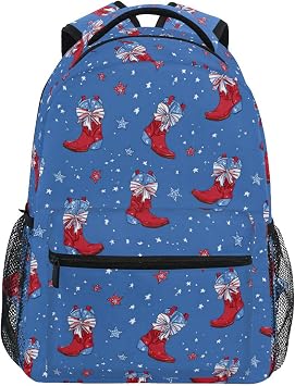 Wuskid Red Cowboy Boots Blue Stars Backpack Bookbags Daypack Kids Girls Boys Backpacks Bags Men Women S
