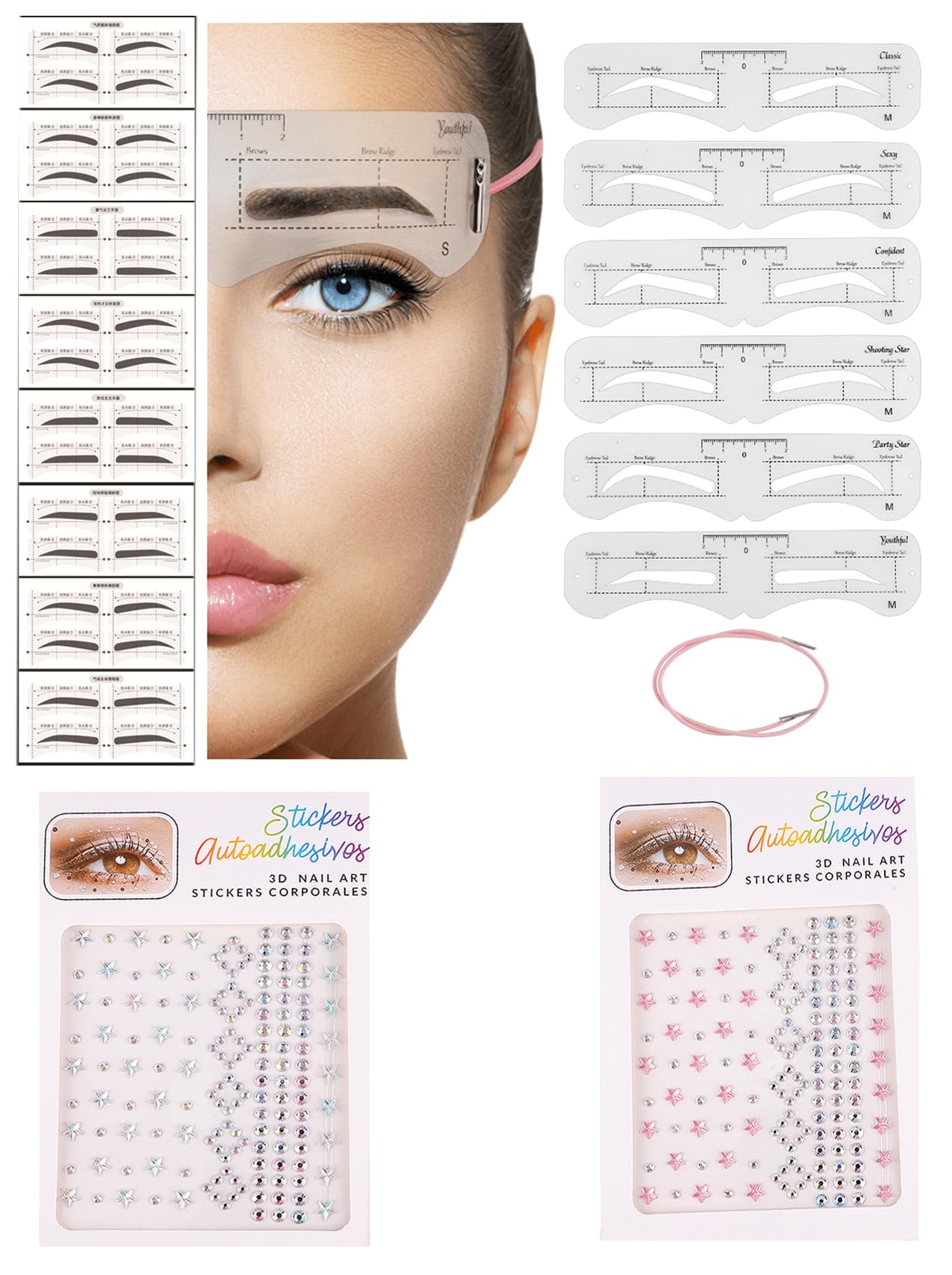 Eyebrow Stencils Kit 34 Pieces Eyebrow Shaping Tool Eyebrow Grooming Kit, Includes 2 Sheets Christmas Self Adhesive Face Gems 1 Count (Pack of 34)