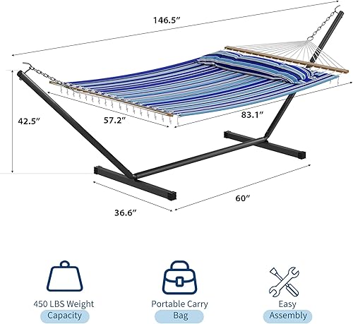 Miniatura 6 de GarveeLife Hamaca de 57 pulgadas para 2 personas, hamaca de algodón de diseño ampliado con bolsa de transporte y soporte de metal, construcción