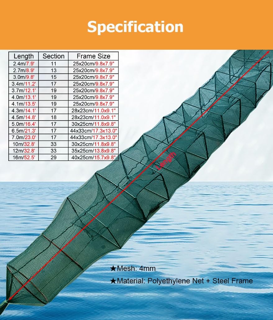 Trampa for camarones y cangrejos de 7,9 a 52,5 pies de Largo, trampas for Peces, Red de Pesca de Agua Salada, Captura automáticamente más Peces fácilmente