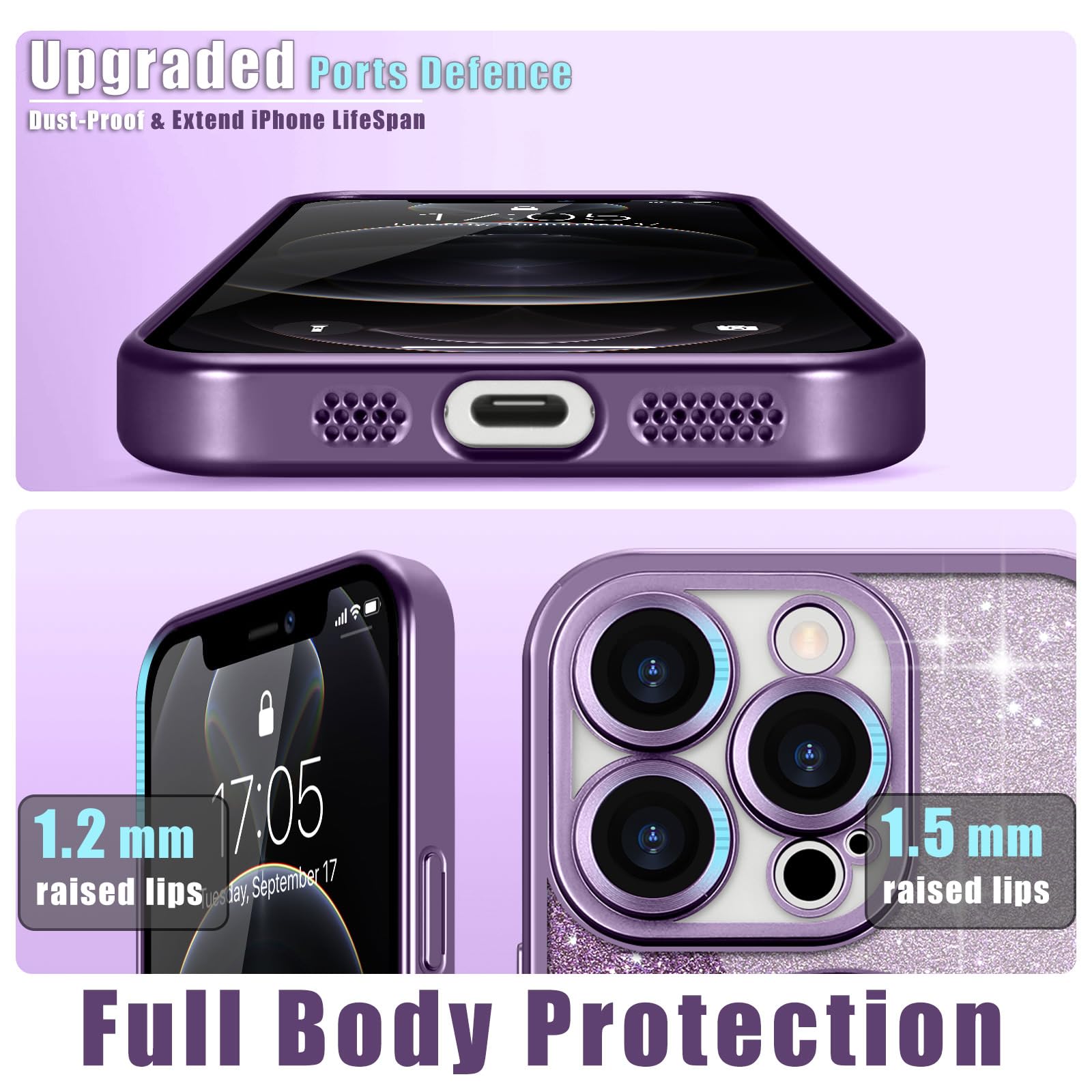 Funda para iPhone 12 Pro con purpurina para mujeres y niñas, bonita capa brillante, compatible con Magsafe [protector de lente de cámara desmontable] a prueba de golpes para iPhone 12 Pro de