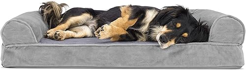 Furhaven Cama ortopédica de espuma para perros, de pelo sintético y terciopelo, con diseño de caja de huevos, color humo gris, talla M